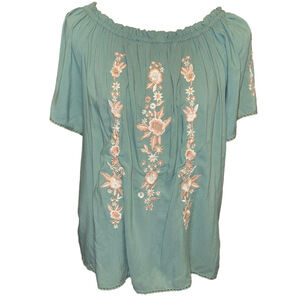 Blue Rain Ruffled Floral Embroidered Boho Short Sleeve Blouse